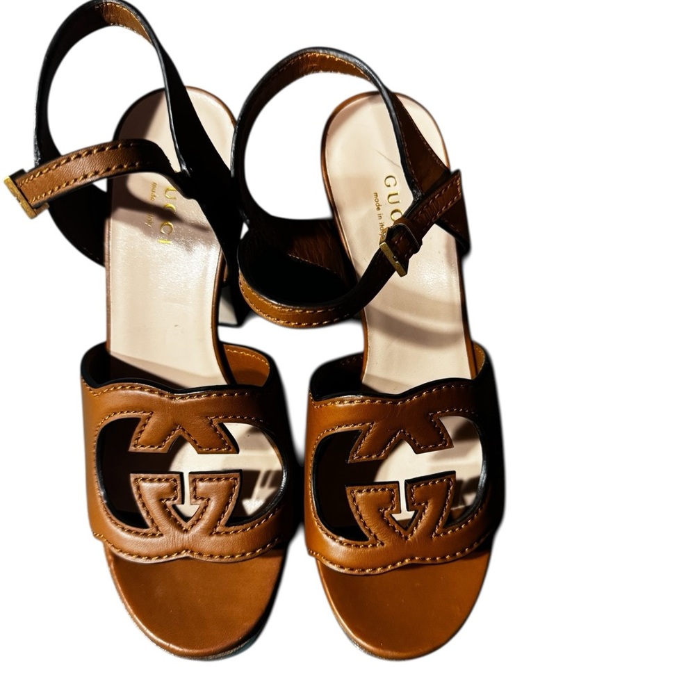 Gucci Cutout Interlocking G 36/ US 6 Platform Sandal Dark Brown Leather - Picture 3 of 8
